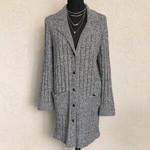 Wasserman Long Ribbed Knit Cardigan Sweater Coat Gray Button Front Pockets L